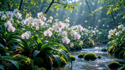 林间溪流蝴蝶兰治愈风景