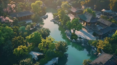 朦胧园林河流庭院景观