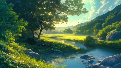 阳光森林鲜花溪流