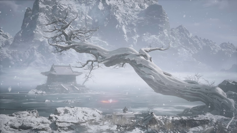 写实国风山间雪景，飘雪雾气里有覆雪枯树、中式古寺与雪山