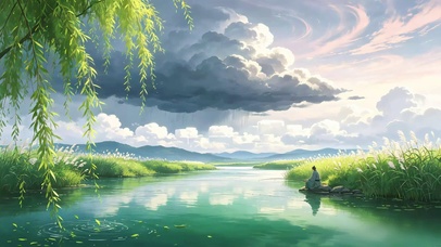 积雨云下垂钓者