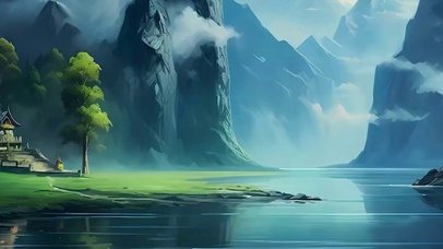 护眼山云雾树木河流带鱼屏