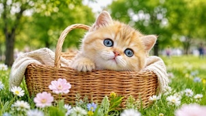 春日花篮里的小橘猫