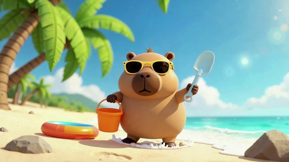 热带沙滩场景，戴黄框墨镜的卡通卡皮巴拉手持橙色小水桶与浅蓝塑料沙铲，脚边放着橙黄拼接充气游泳圈，左侧有倾斜椰子树，远处是青绿色近海与晴朗蓝天。