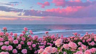 晚霞大海玫瑰花