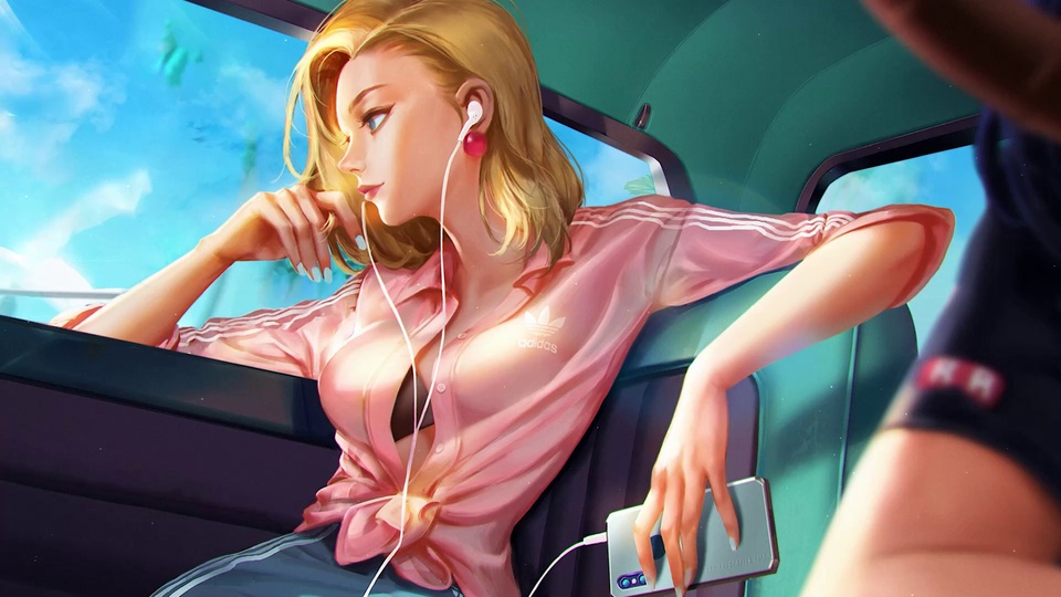 巴士内戴耳机穿粉色衬衫的金发女性望向窗外蓝天