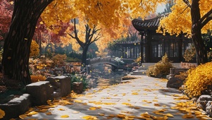 庭院深秋落叶古亭