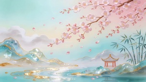 浅粉冰蓝柔雾新中式国风意境