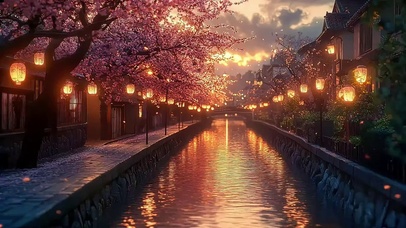 城市落日河岸溪流建筑