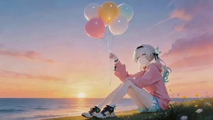 晚霞海边气球女孩
