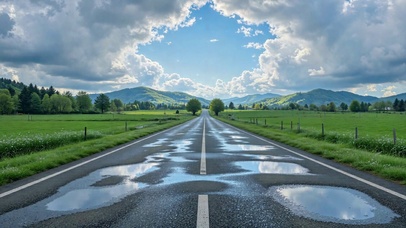 雨后乡间公路，云影映水洼