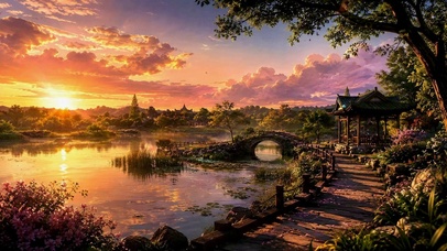 日落湖畔唯美古风园林风光