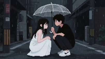 像素风插画雨中撑伞情侣