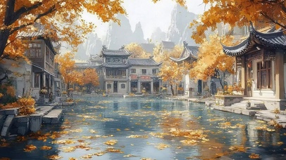 秋日落叶湖畔徽州古建