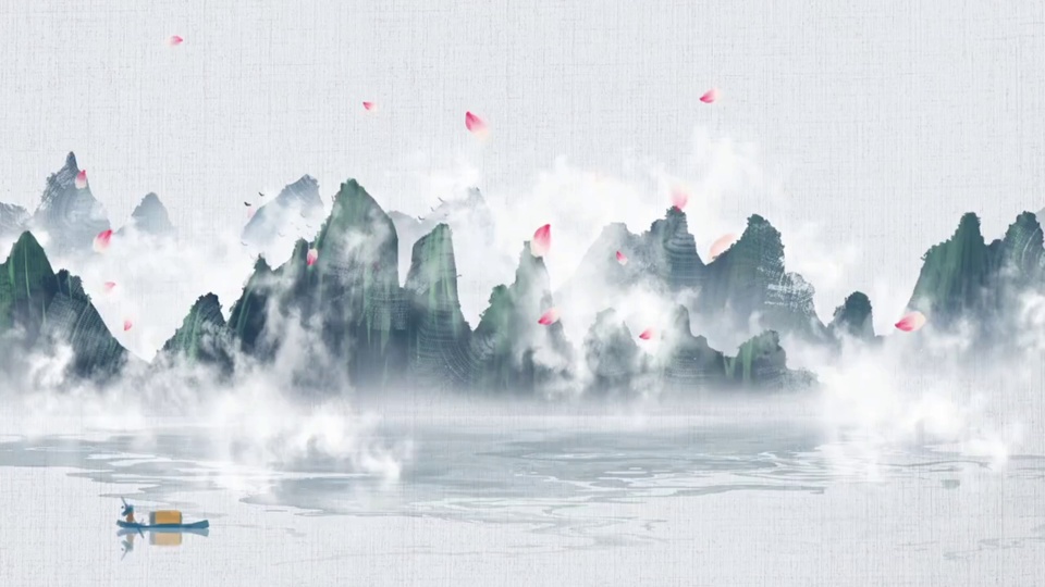国风水墨山水远景，飘洒的花瓣与水面小舟