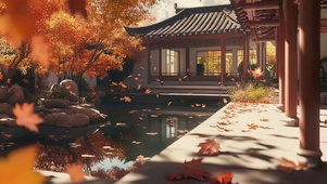 秋日静谧庭院池塘午后