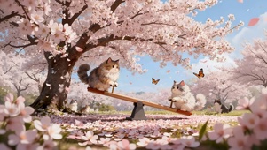樱花树下跷跷板猫咪