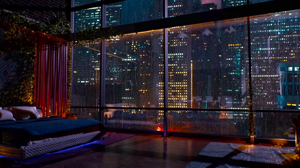 高层公寓的雨夜卧室，左侧摆着带白色波浪纹床架、深蓝色床品的床，整面落地玻璃布满雨痕，窗外是亮着各色灯光的摩天楼夜景，窗沿、侧边墙面装饰绿色常春藤，侧边垂着酒红色竖帘。