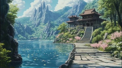 清新湖畔山林蓝天古建