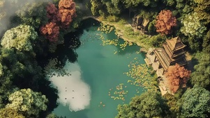 绿色森林中心湖畔古塔