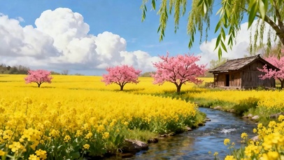 白云柳树花草河流