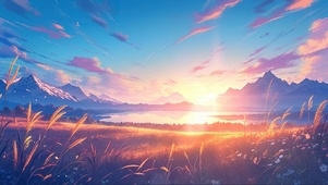 秋天落日雪山湖泊