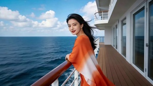 游轮上吹风的红衣美女