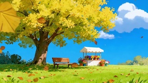 秋日闲时长椅花摊