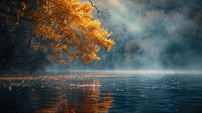 日出晨雾枫林湖泊