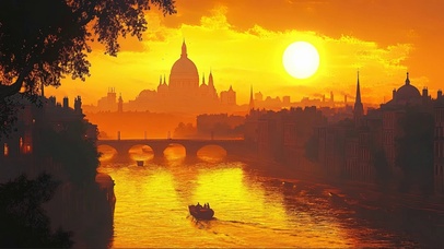 长河落日黄昏古城风景