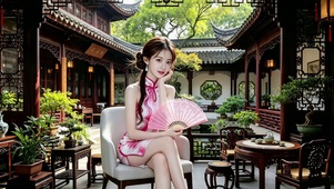 古风宅院中坐在沙发凳的旗袍美女