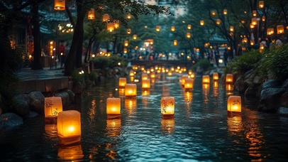 静谧古镇溪流孔明灯