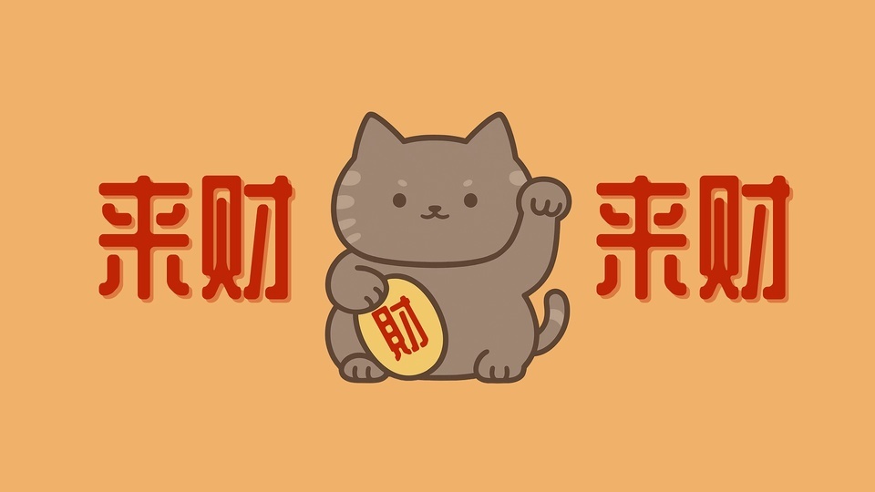 浅橙色背景的Q版招财猫插画，棕灰色圆胖招财猫旁有红色来财汉字，暖橙色调简约可爱