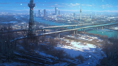 冬日积雪城市全景插画