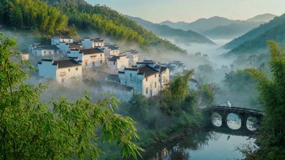 竹海烟村，江南水墨风景壁纸
