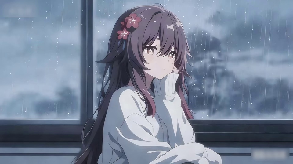 深紫长发带红粉色花饰的少女，托腮望向窗外朦胧雨景，身侧是深色窗框。
