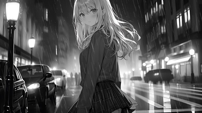 黑白画风动漫插画女孩