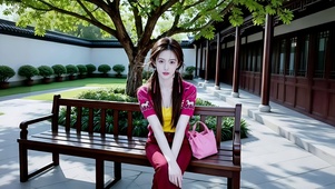 仿古宅院中坐在长椅上纳凉的美女