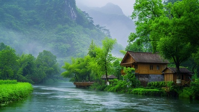 山川流水小屋风景
