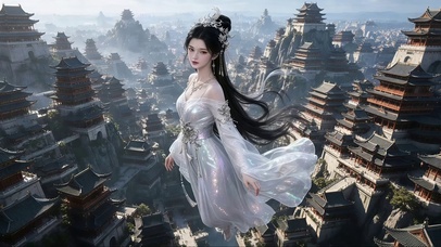 古塔仙殿间飞天踏行的修仙美女