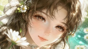 阳光下雏菊旁的清新少女