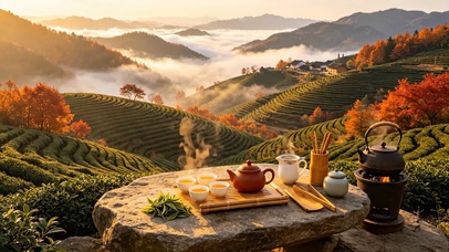 清晨秋天山顶品茶