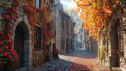 秋日静谧无人小镇街道