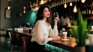 酒吧饮红酒长发美女1