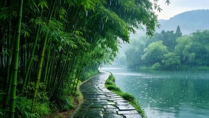 雨天湖边竹林