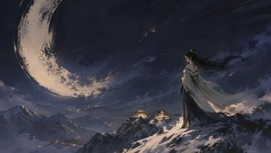 古风女子月下雪山夜景