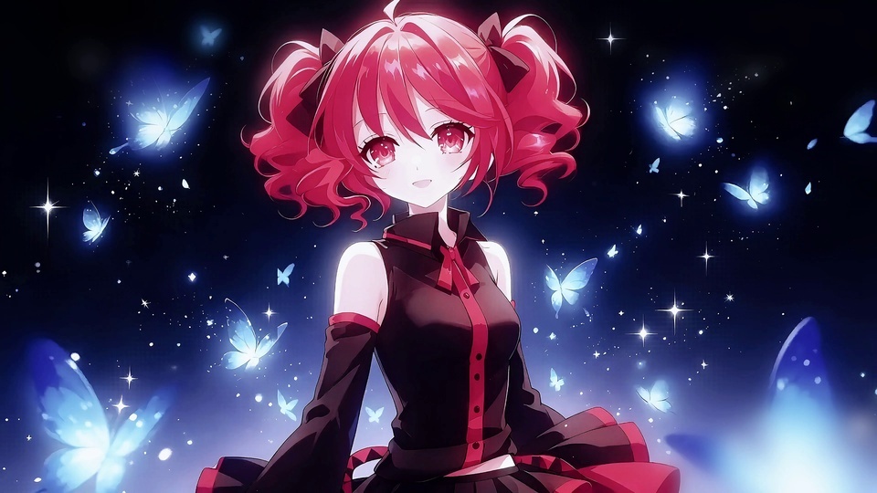 红发双马尾少女立于星点遍布的深色空间，周身环绕散发淡蓝光晕的蝴蝶。