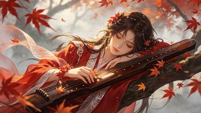 红衣枕琴少女