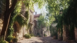 朦胧温暖夏日小镇街道