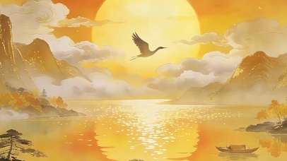 古风夕阳山水带鱼屏